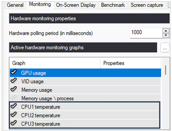 MSI Afterburner Monitoring tab - CPU temperature