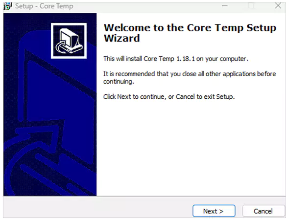 installation page of Core temp app